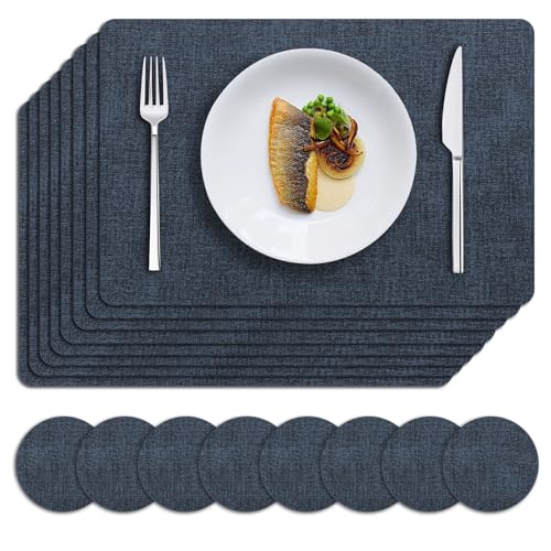MOSAYT Placemats Set of 8, Heat Resistant Vinyl Place Mats with Coasters, Wipeable Washable 100% Waterproof Oil Proof Faux Leather Table Mats for Kitchen Dining Party Outdoor, 12" x 18", Navy Blue