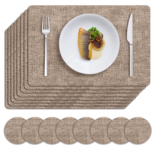 MOSAYT Placemats Set of 8, Heat Resistant Vinyl Place Mats with Coasters, Wipeable Washable 100% Waterproof Oil Proof Faux Leather Table Mats for Kitchen Dining Party Outdoor, 12" x 18", Khaki