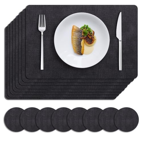 MOSAYT Placemats Set of 8, Heat Resistant Vinyl Place Mats with Coasters, Wipeable Washable 100% Waterproof Oil Proof Faux Leather Table Mats for Kitchen Dining Party Outdoor, 12" x 18", Black