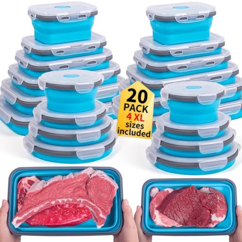 Collapsible Food Storage Containers with Lids 20 Pack(81oz/58oz Extra Large Included), 12 Rectangular+8 Round, Annaklin Silicone Collapsible Food Containers Sets Microwave Freezer Dishwasher Safe Blue