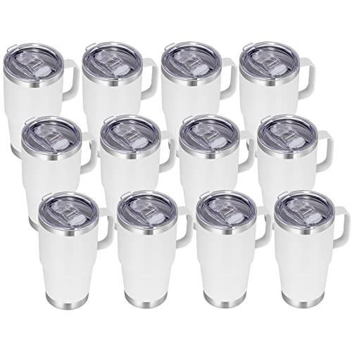 VEGOND 20 oz Tumbler Bulk with Handle Lid and Straw, Stainless Steel Insulated Travel Coffee Mug Set, Spill Proof Double Wall Metal Tumblers Cups, New White 12 Pack