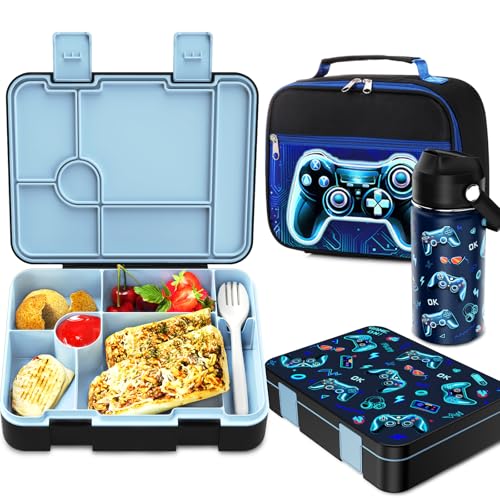 Bevalsa Kids Bento Lunch Box with 6 Compartment, Stainless Steel Metal Water Bottle, Insulated Bag & Utensils, BPA-Free Leakproof Food Container for School Boys Girls, Back To School Gift