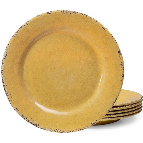 Farmhouse Melamine Dinner Plate Set, 6 Piece 11-inch Chip Resistant, Lightweight Round Kitchen Plates Set for Salad, Pasta Unbreakable RV, Camping Dining Serving Dishes for Parties, Yellow...