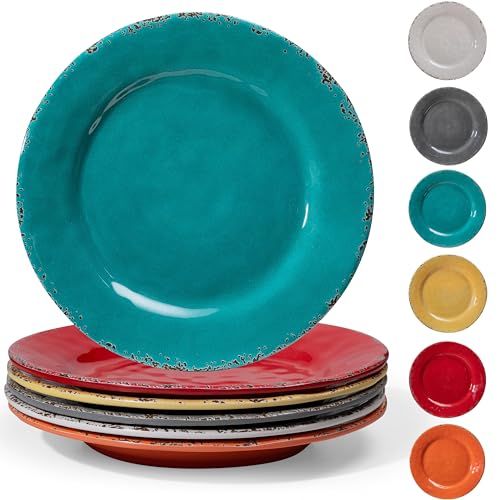 Rustic Melamine Dinner Plates, 11 inch Melamine Plates Set of 6, Large Salad/Dessert Plates, Unbreakable Colorful Serving Dishes Set for Indoor and Outdoor, Assorted Color...