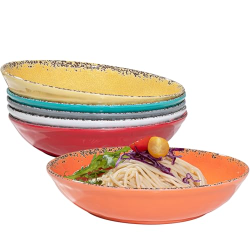 Vintage Pasta Bowl, Melamine Pasta Bowls Set of 6, 42 OZ Large Corlorful Serving Bowl for Kitchen, Dishwasher Safe Salad,Soup,Fruit, Dinner Bowls, Shallow Pasta Plates. Multi-color...