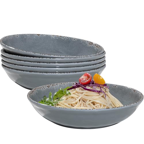 Melamine Pasta Bowls Set,6 Piece 9.25 inch Vintage Melamine Pasta/Salad/Ramen/Noodle/dinner/Fruit Bowls, Set of 6,Unbreakable Large Shallow Serving Bowls set,Cool Grey...