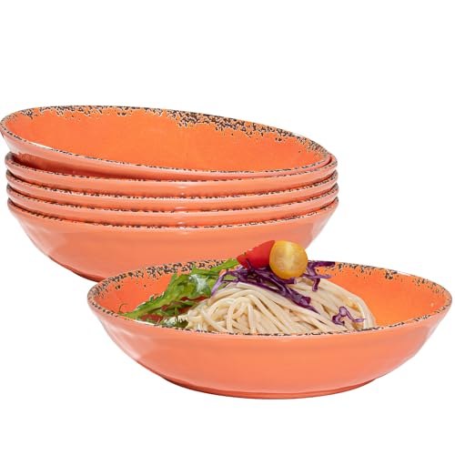 Farmhouse Melamine Pasta Bowls set, 42 OZ Large Fruit Bowl, Lightweight and Unbreakable Salad Serving Bowl, Set of 6, 9.25 inch Wide and Shallow Dinner Bowls, Dishwasher Safe,Orange...