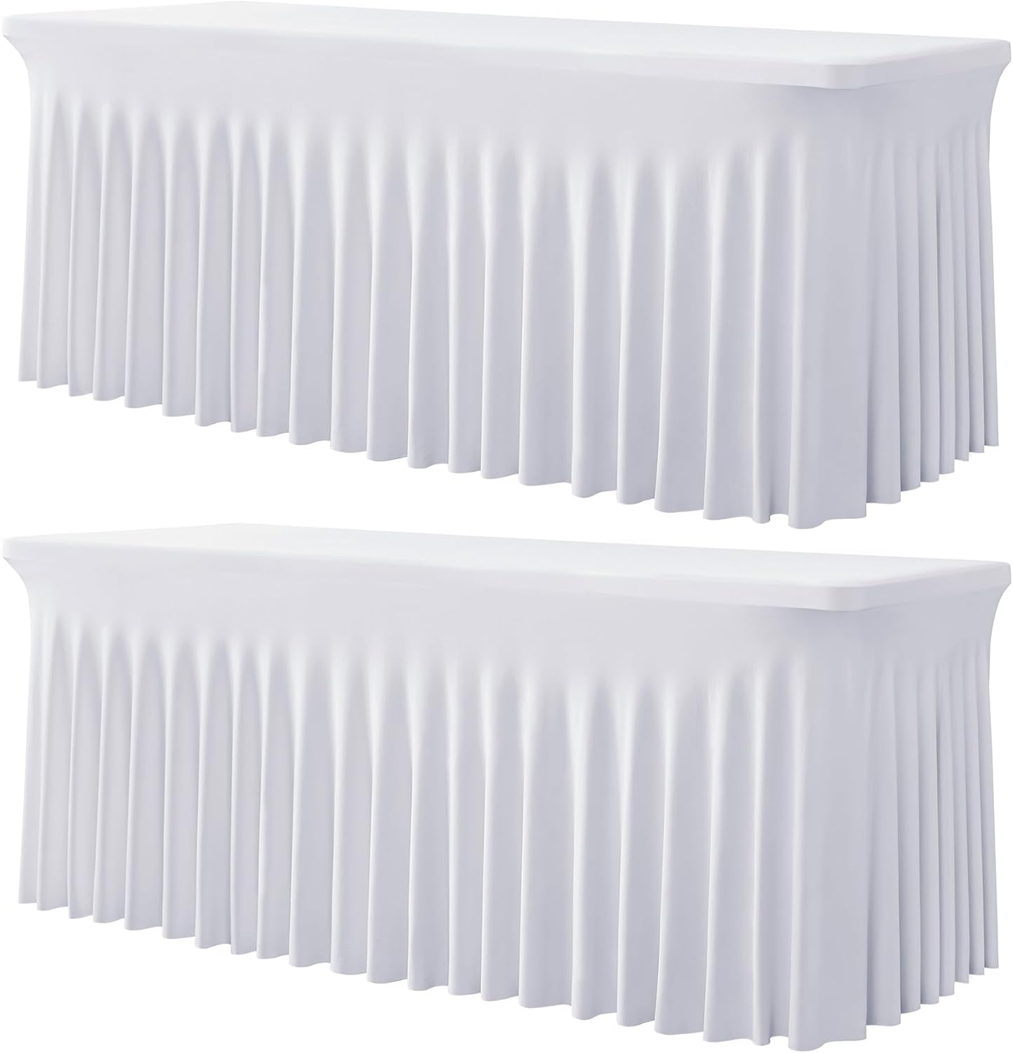 2 Pack White Spandex Tablecloth for 5 Foot Rectangle Tables, Wrinkle Free Fitted Table Clothes Cover 5ft Stretchy Tablecloths with Skirt for Parties Weddings Birthday Banquet Baby Shower