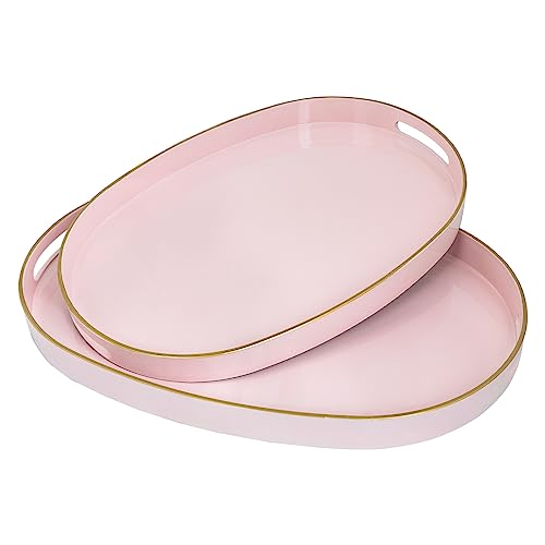 MAONAME Pink Serving Trays with Handles, Oval Decorative Trays for Coffee Table, Nesting Trays Set of 2, Plastic Vanity Trays for Ottoman, Living Room