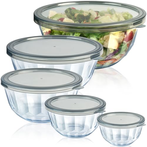 Mixing Bowls with Airtight Lids Sets, 5 Packs Thick Glass Nesting Bowls for Kitchen Baking, Meal Prepping, Bpa Free, Dishwasher Safe, 0.5/0.8/1.6/2.7/4.4 Qt