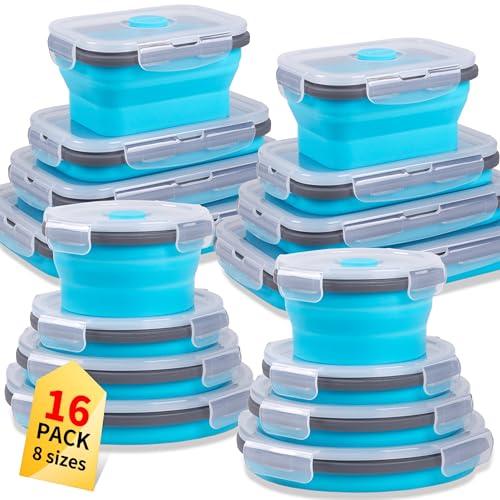 Collapsible Food Storage Containers with Lid & Air Vent, 16 Pack, 8 Rectangular + 8 Round, Foldable Silicone Lunch Containers Collapsible Bowls Set, Microwave Freezer Dishwasher Safe, Blue