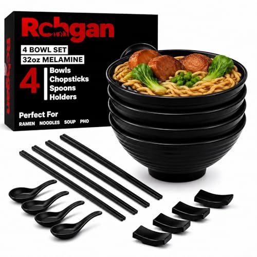ROHGAN 32oz Black Melamine Ramen Bowl Set