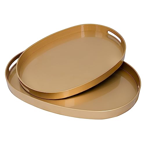 MAONAME Gold Serving Trays with Handles, Oval Decorative Trays for Coffee Table, Nesting Trays Set of 2, Plastic Vanity Trays for Ottoman, Living Room