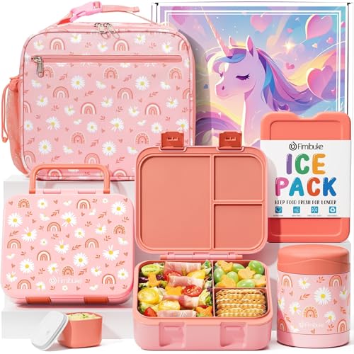 Fimibuke Bento Lunch Box for Kids with Thermos, 32OZ Snack Lunch Container with 3 Compartments, Insulated Lunch Bag, 12OZ Leakproof Food Jar, Ice Pack Set for Age 3-12 Toddler Teen Girls Boys Daycare