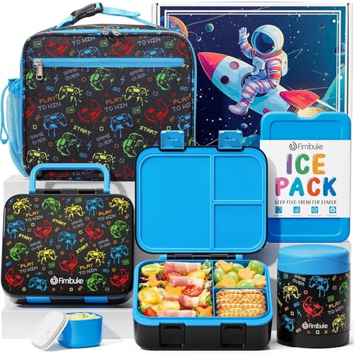 Fimibuke Bento Lunch Box for Kids with Thermos, 32OZ Snack Lunch Container with 3 Compartments, Insulated Lunch Bag, 12OZ Leakproof Food Jar, Ice Pack Set for Age 3-12 Toddler Teen Girls Boys -Gamepad