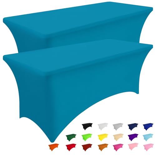 Smiry 2 Pack Spandex Table Cloth 8FT, Elastic Fitted Stretch Tablecloths, Washable and Wrinkle Free Rectangular Patio Table Cover for Outdoor, Wedding, Banquet & Parties (Teal, 96Lx30Wx30H Inch)