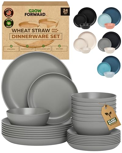 Grow Forward 24-piece Premium Wheat Straw Dinnerware Sets for 8 - Unbreakable Dishwasher & Microwave Safe Plastic Plates and Bowls Sets - Patio, Outdoors, RV, Camping Dishes - Feather