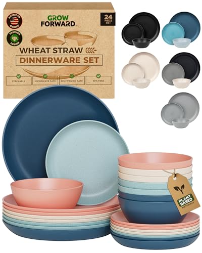 Grow Forward 24-piece Premium Wheat Straw Dinnerware Sets for 8 - Unbreakable Dishwasher & Microwave Safe Plastic Plates and Bowls Sets - Patio, Outdoors, RV, Camping Dishes - Tropical