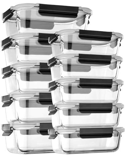 Glass Food Storage Containers with Lids Airtight, Glass Meal Prep Containers with Snap Lids for Food, Bpa-free,Easy to Open&Close/Microwave,Oven,Freezer,Dishwasher Safe/Leak-proof [10 Pack]