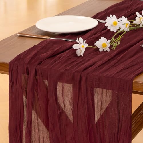 Socomi 10pcs Burgundy Red Fall Thanksgiving Cheesecloth Table Runner Boho Rustic Gauze 120 inch 10FT Cheese Cloth Runner for Wedding Party Baby Shower Birthday Home Decor Holiday Decorations