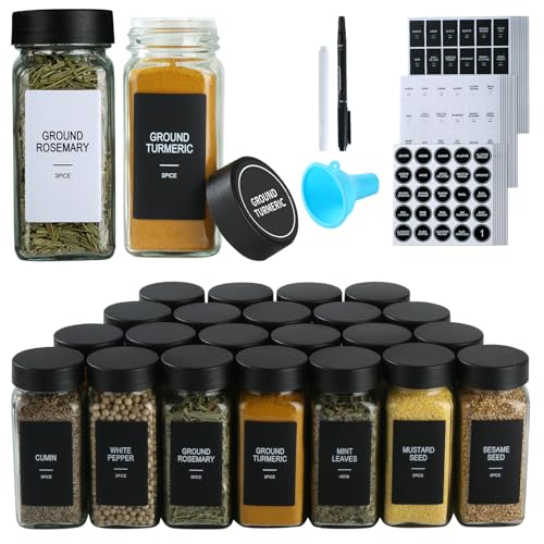 48 Glass Spice Jars with Labels,Spice Jar Set,4oz Seasoning Containers,Spice Containers with Black Airtight Lids and Shaker Lids,Square Empty Spice Bottles, 492 Labels,1 Funnel
