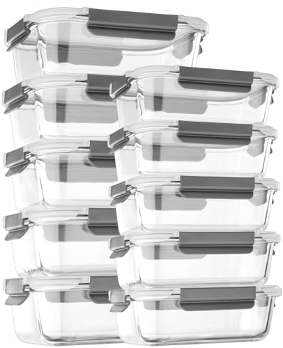 [10 pack Glass Meal Prep Containers with Lids, Glass Food Storage Containers with Snap Locking Lids for Food, Bpa-free, Easy to Open& Close/Microwave,Oven,Freezer,Dishwasher Safe/Leak-Proof