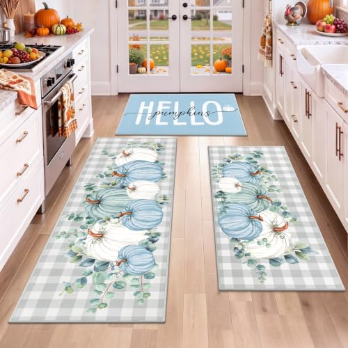 HEBE Fall Kitchen Rugs Sets of 3, Non Slip Buffalo Plaid Pumpkin Kitchen Rugs and Mats, Washable Kitchen Mats for Floor, Autumn Kitchen Runner Floor Carpet for Thanksgiving Holiday Decor