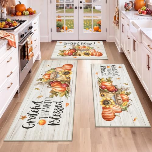 HEBE Fall Kitchen Rugs Sets of 3, Non Slip Pumpkin Kitchen Rugs and Mats, Washable Kitchen Mats for Floor, Autumn Kitchen Runner Floor Carpet for Thanksgiving Holiday Decor