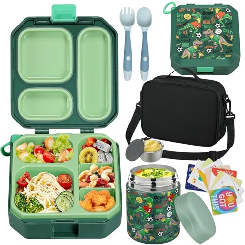 Bento Lunch Box for Kids with 12oz Soup Thermo Leak-Proof Lunch Food Container with 5 Compartment Thermo Hot Food Jar and Insulated Lunch Bag for Kid Toddler Girls Boys to School