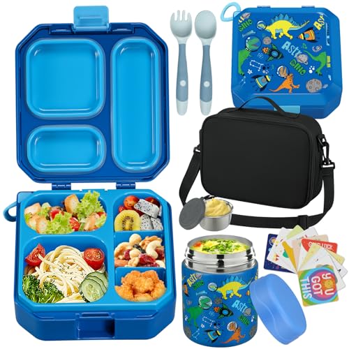 Bento Lunch Box for Kids with 12oz Soup Thermo Leak-Proof Lunch Food Container with 5 Compartment Thermo Hot Food Jar and Insulated Lunch Bag for Kid Toddler Girls Boys to School
