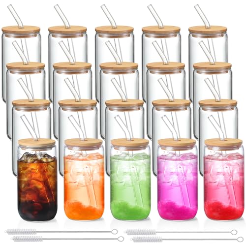NETANY 20 Pack Glass Cups with Lids and Straws 16 oz