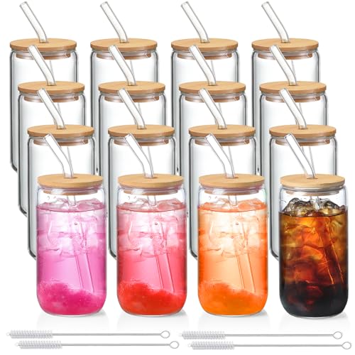 NETANY 16 Pack Glass Cups w/ Lids & Straws