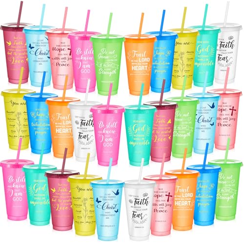 Uiifan 30 Pcs Christian Gifts Cups Bulk for Women Bible Verse Christian Tumblers with Lids and Straw 24oz Religious Church Gifts for Women Church Volunteers Thanksgiving Christmas (Bright Color)