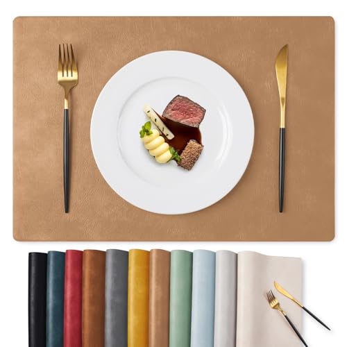 MOSAYT Vinyl Placemats Set of 8-12 X 17 Inch - Faux Leather 100% Waterproof Oil-Proof Wipeable PU Place Mats, Heat Resistant Reversible Table Mats for Kitchen, Dining, Outdoor (Camel)