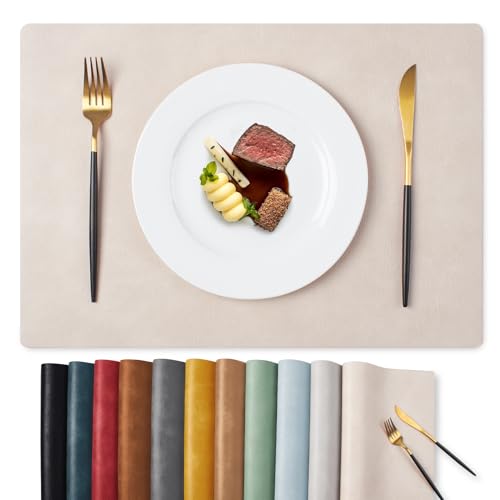 MOSAYT Vinyl Placemats Set of 8-12 X 17 Inch - Faux Leather 100% Waterproof Oil-Proof Wipeable PU Place Mats, Heat Resistant Reversible Table Mats for Kitchen, Dining, Outdoor (Beige)