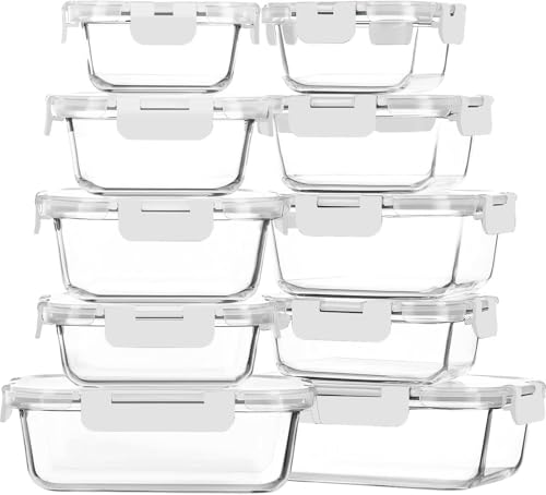 M MCIRCO 10-Pack Glass Food Storage Container with Lids, Airtight Lunch Bento Boxes, Glass Meal Prep Container,Microwave, Oven, Freezer and Dishwasher Friendly, White