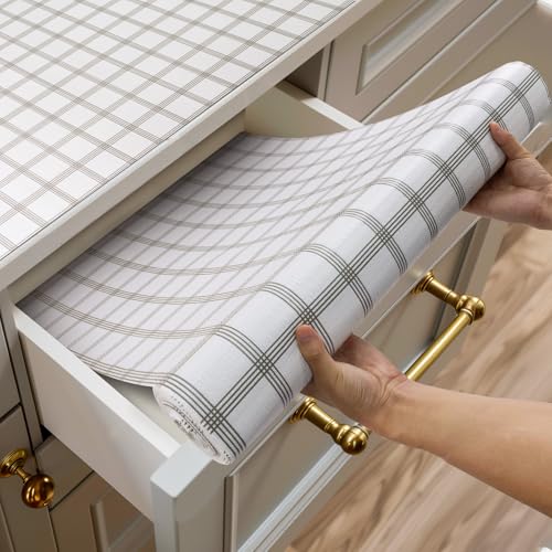 Shelf and Drawer Liner for Kitchen Cabinets Non-Adhesive, Strong Grip Non-Slip Thickened Cabinet Liners for Shelves, Waterproof Mats for Dresser Cupboard, White Square, 23 in x 10 Feet
