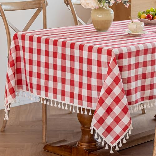Alsoo Red Checkered Tablecloth Rectangle Cotton Linen Fabric Gingham Table Cloth Buffalo Plaid Table Cover with Tassel Washable for Kitchen Dining Picnic, Red White, 55X120''