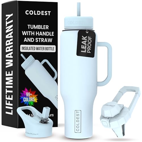 Coldest Tumbler with Handle and Straw - 100% Leak Proof Insulated Tumbler with Lid and Straw (3 Lids) - Stainless Steel Tumblers for Women & Men - Cup Holder Friendly Base, 46 oz (Morning Mist)