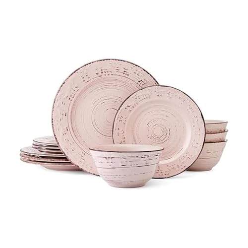 Pfaltzgraff Trellis Pink 12 Piece Dinnerware Plate Bowl Set, Service for 4