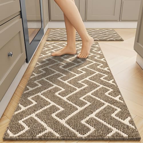 hicorfe Kitchen Rugs and Mats Sets,Non-Slip 2 Pieces Absorbent 100% Polypropylene Rug,Comfort Kitchen Runner Mat,Washable for Kitchen,Sink,Laundry(20" x 31.5" Plus 20" x 59",Beige)