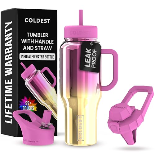 Coldest Tumbler with Handle and Straw - 100% Spill Proof Tumbler with Straw (3 Lids) - Stainless Steel Insulated Leakproof Tumblers for Women & Men - Cup Holder Friendly - 36 oz (SunTan Nova)