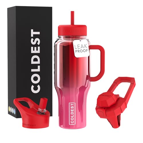 Coldest Tumbler with Handle and Straw - 100% Spill Proof Tumbler with Straw (3 Lids) - Stainless Steel Insulated Leakproof Tumblers for Women & Men - 36 oz (Strawberry Nova)