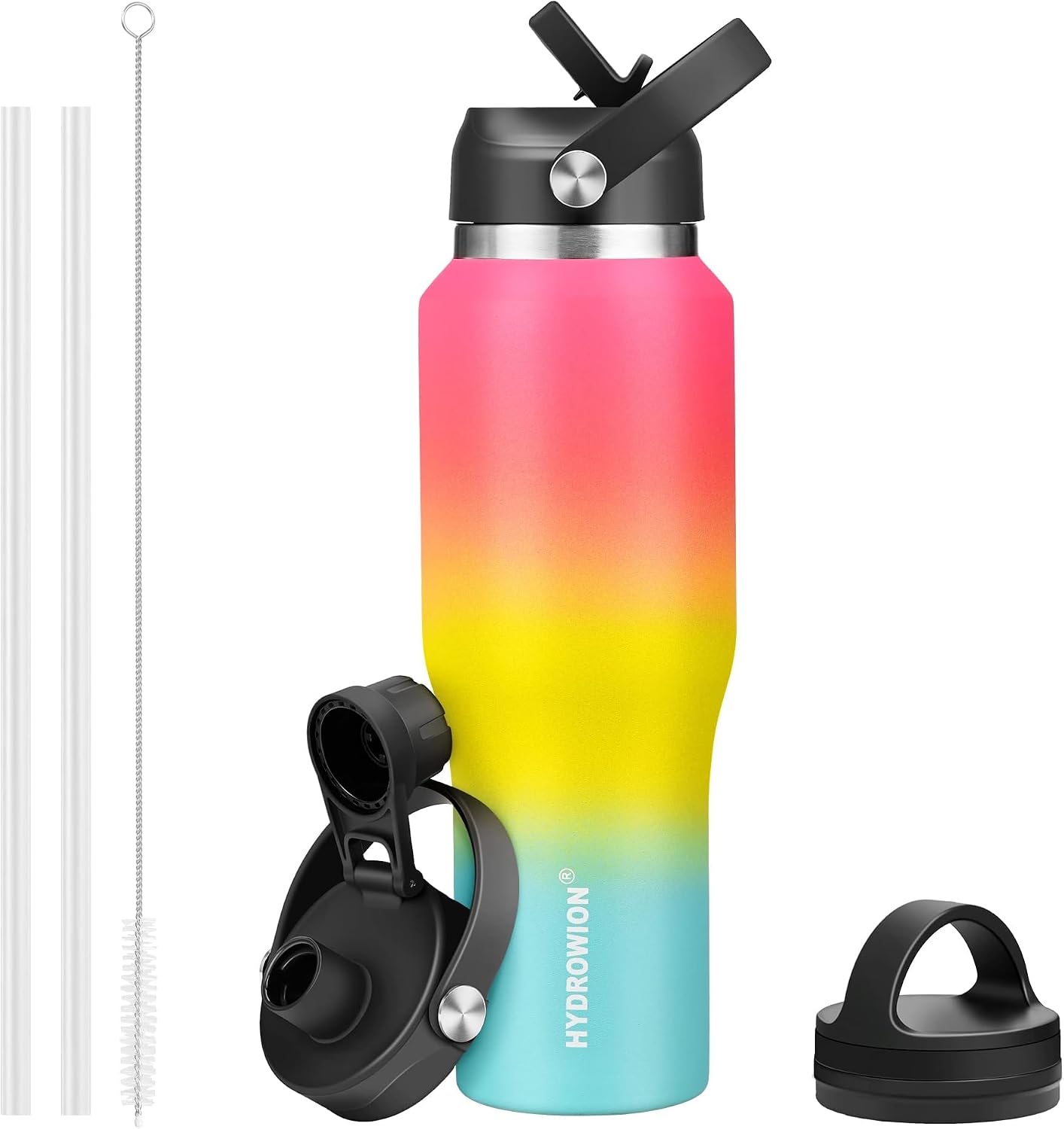 40 oz Insulated Water Bottle with Straw fit in Car Cup Holder(Cold 48 hrs, Hot 24 hrs) Drinking Bottle with Straw Lid, Spout Lid and Flex Cap Leakproof Travel Thermo Mug,Red - Yellow - Blue