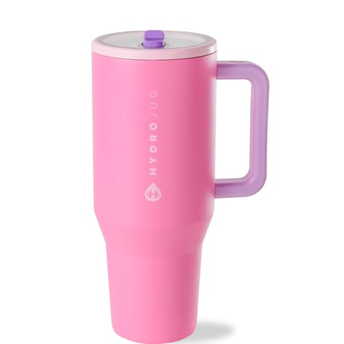 HydroJug Traveler - 32 oz Water Bottle with Handle & Flip Straw - Fits in Cup Holder, Leak Resistant Tumbler-Reusable Insulated Stainless Steel & Rubber Base - Pink Sugar