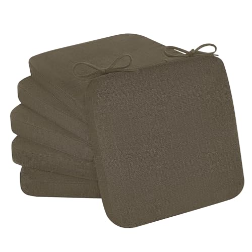 Cozyide Chair Cushions for Dining Chairs, Square Chair Pads with Ties and Non-Slip Bottom, Kitchen Chair Cushions 6 Pack, 16" x 16" x 2", Brown