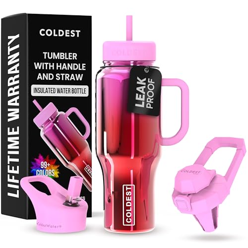 Coldest Tumbler with Handle and Straw - 100% Spill Proof Tumbler with Straw (3 Lids) - Stainless Steel Insulated Leakproof Tumblers for Women & Men - Cup Holder Friendly - 36 oz (Tulip Nova)