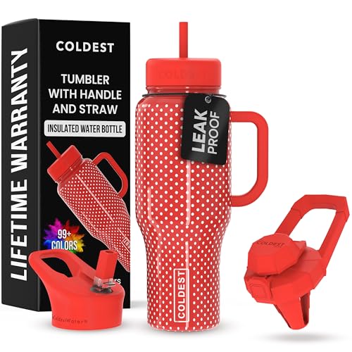 Coldest Tumbler with Handle and Straw - 100% Leak Proof Insulated Tumbler with Lid and Straw (3 Lids) - Stainless Steel Tumblers for Women & Men - Cup Holder Friendly Base, 36 oz (Red Dress)