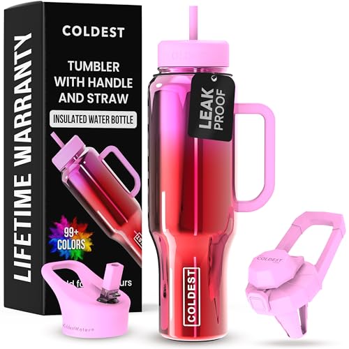 Coldest Tumbler with Handle and Straw - 100% Spill Proof Tumbler with Straw (3 Lids) - Stainless Steel Insulated Leakproof Tumblers for Women & Men - Cup Holder Friendly - 46 oz (Tulip Nova)