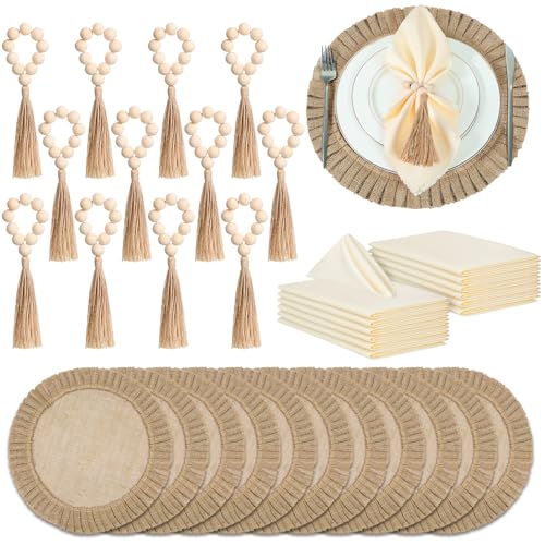 Gejoy Round Burlap Placemats Wood Bead Napkin Rings with Dinner Napkins Cloth, Jute Heat Resistant Placemats Boho Wooden Rings for Plates Wedding Dining Table(36 Pcs)